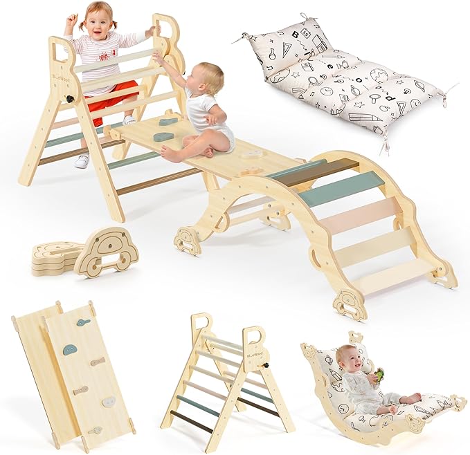 BlueWood Pikler Triangle Set with Cushion, 8-in-1 Climbing Toys for Toddlers, Montessori Philosophy Play Jungle Gym with Arch, Ramp, Ladder(Mauve Pink)