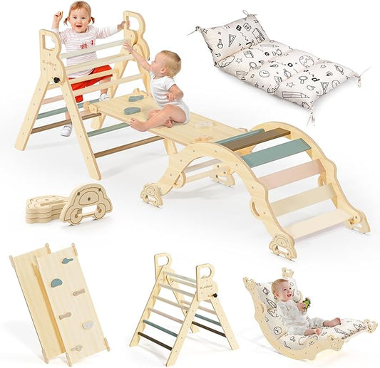 BlueWood Pikler Triangle Set with Cushion, 8-in-1 Climbing Toys for Toddlers, Montessori Philosophy Play Jungle Gym with Arch, Ramp, Ladder(Mauve Pink)
