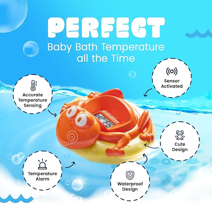 Aquatopia Baby Bath Thermometer Floating Toy with Digital Audible Alarm, Baby Water Thermometer for Bath Temp, Cute Baby Bath Essentials, Beeps When Too Hot or Too Cold, Fergus Frog, Orange
