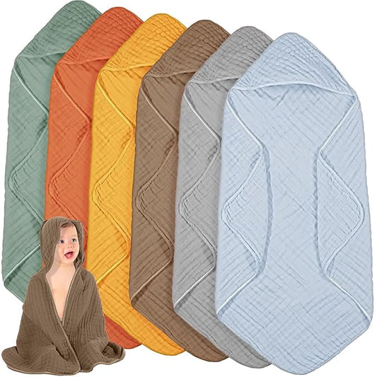 Peryiter 6 Pcs Muslin Hooded Baby Towels 32 x 32 Inch Cotton Newborn Bath Essentials Muslin Infant Blankets Absorbent Registry Gifts for Girl Boy Kids Baby Shower (Yellow,Blue,Green,Orange)