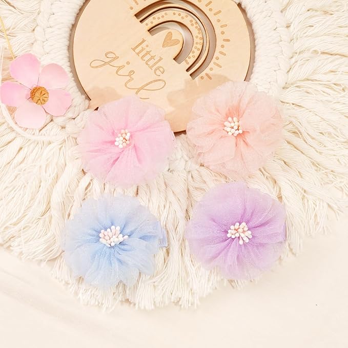 DeD 28PCS 2" Chiffon Flower Hair Clips with Pistil Tiny Hair Clips Fine Hair Accessories for Girls Infants Toddlers Set of 14 Pairs