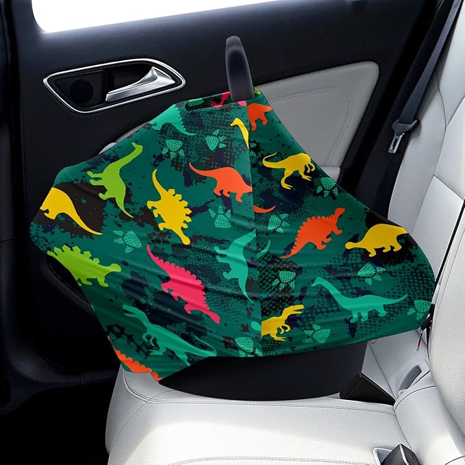Baby Car Seat Stroller Covers Dinosaur Silhouettes Nursing Cover Breastfeeding Scarf Soft Breathable Stretchy Infant Car Canopy Coverage Carseat Cover for Boys and Girls Multi Use