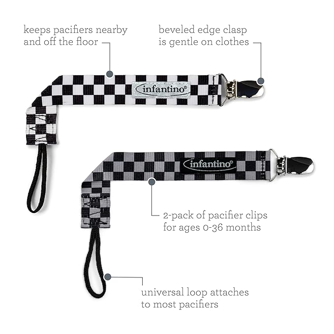 BooginHead by Infantino PaciGrip 2-Pack Pacifier Clips – Universal Fit, Gentle on Clothes, Keeps Pacifiers Clean & Close, Ages 0-36 Months, Black, Grey and White Skater