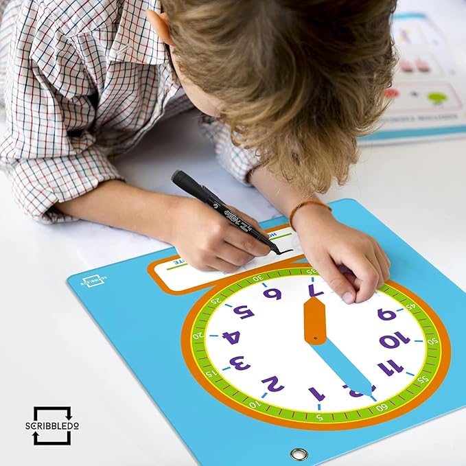 Scribbledo Writable Dry Erase Learning Clock for Kids Write & Wipe Demonstration Clock for Kids Learning to Tell Time Classrooms and Homeschool Supplies