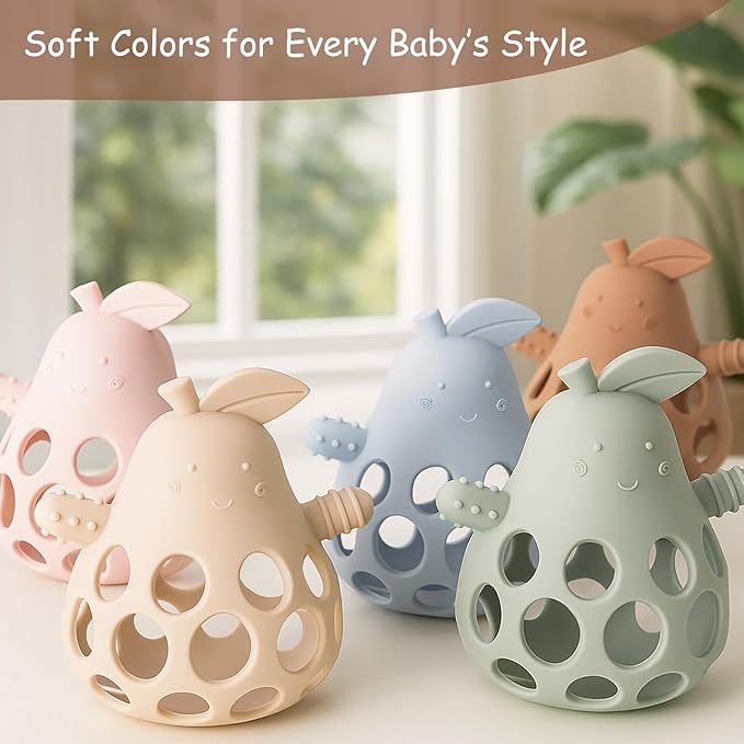 Baby Teething Toy Silicone Teether for Infants, Pear-Shaped Design with Easy-Grip Hole and Nipple-Shaped Ends for Gum Massage & Sensory Development, BPA-Free Safe Baby Chew Toy YIVEKO-Ivory+Blue