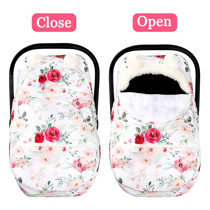 Car Seat Covers for Babies Winter, Flower Carseat Cover Girls, Zipped Cozy & Warm Cover, Universal, Ultra-Soft Breathable, Removable Design Infant Car Seat Canopy