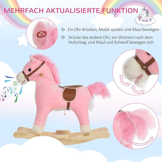 HOMCOM Children's Rocking Horse Baby Rocking Animal Horse with Animal Sounds Toy Handles for 36-72 Months Plush Pink 65 x 32.5 x 61 cm