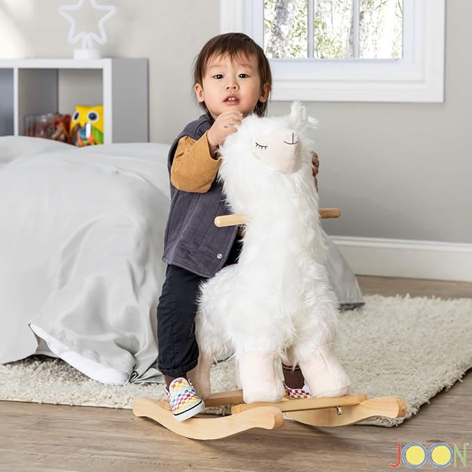 LOLA Rocking Horse Llama by JOON, Great for Toddler Development, Incredibly Soft Shaggy Fur, Safe Rocker with Sturdy Wooden Handles & Base, Boost Imagination & Creativity with Lullaby Sounds, White