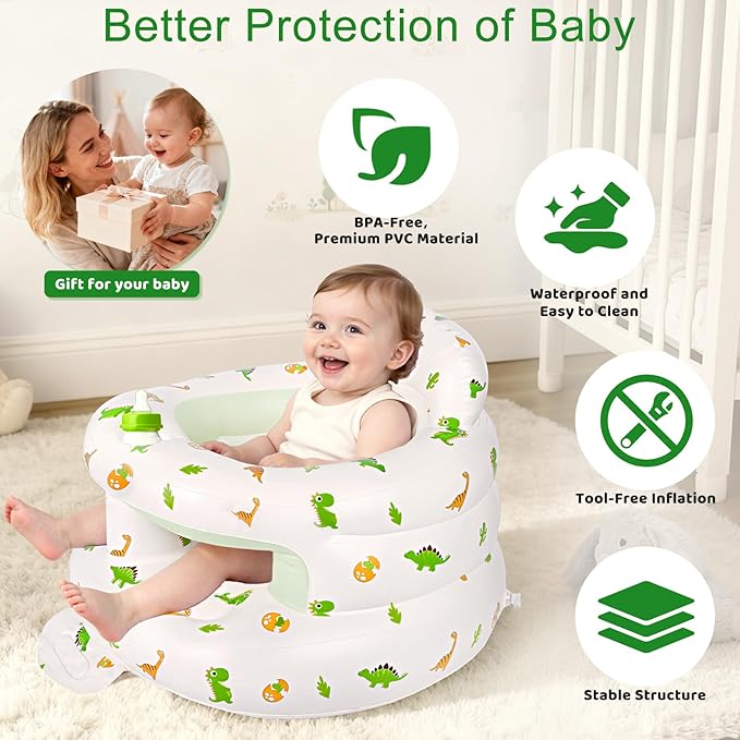 Inflatable Baby Seat for 3-36 Months, Baby Seats for Infants for Sitting Up with Back Support Built in Air Pump, Surround Sit Me Up Floor Seat for Baby Chair for Learning Sit, Feeding (Dinosaur)