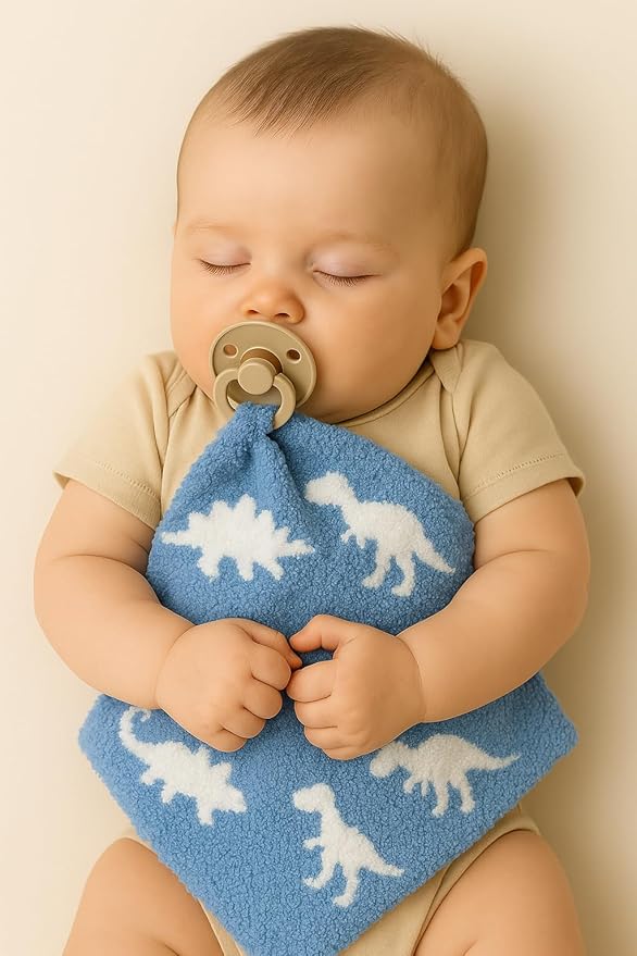 L+L USA Dinosaur Baby Lovey Pacifier/Teether Holder 10"x10" - DreamSoft Plush Fluffy Cuddly Soothie Reversible Mini Comfort Blanket - Newborn Gift Essential Babies Boys Girls (Baby Blue/White)