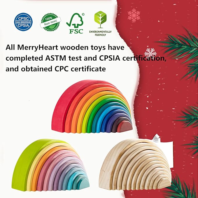 Wooden Rainbow Stacking Toy - 12 Pieces Extra Large Montessori Wooden Stacking Arch Educational Toys, Nesting Puzzle Building Blocks for Kids Toddlers (Rainbow Stackers)
