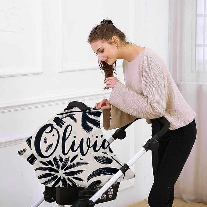 Custom Car Seat Covers for Babies - Breathable Baby Car Seat Cover for Girls Boys, Kick-Proof Newborn Carrier Canopy Stretchy Stroller Cover for 4 Seasons Black Printing