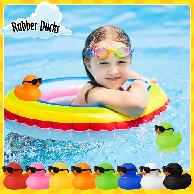 24 Set Mini Rubber Ducks with Sunglasses, Tiny Bath Rubber Ducks Bulk for Car Dashboard Decorations Cruise Birthday Party Favors (Multicolor)