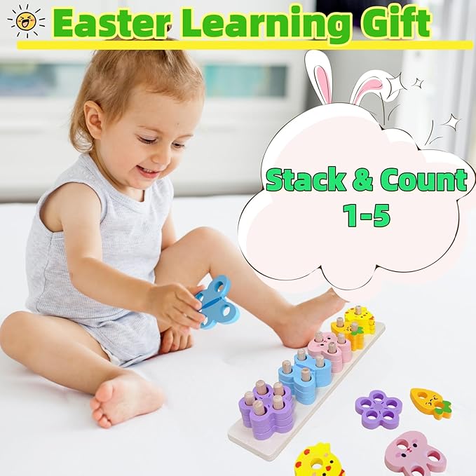 UURM Easter Montessori Toys for 1 2 3 Years, Wooden Counting & Stacking Toys for Toddlers Educational Learning Toys Easter Basket Stuffers