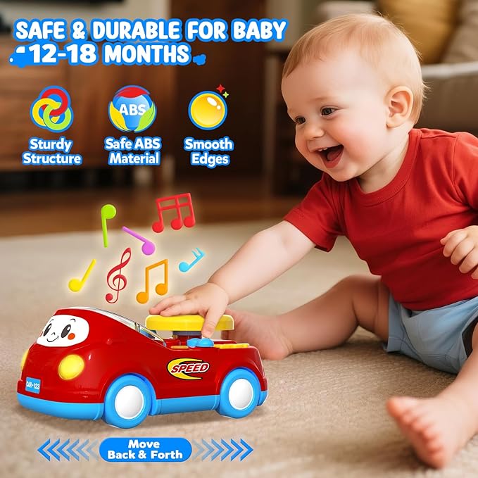Toys for 1 Year Old Boy Gifts - 2-in-1 Toddler Push Car & Musical Racing Adventure Steering Wheel Driving Game, Interactive Simulated Driving Car for Baby 12-18 Months, Birthday Gift Ages 1-2,Dark Red