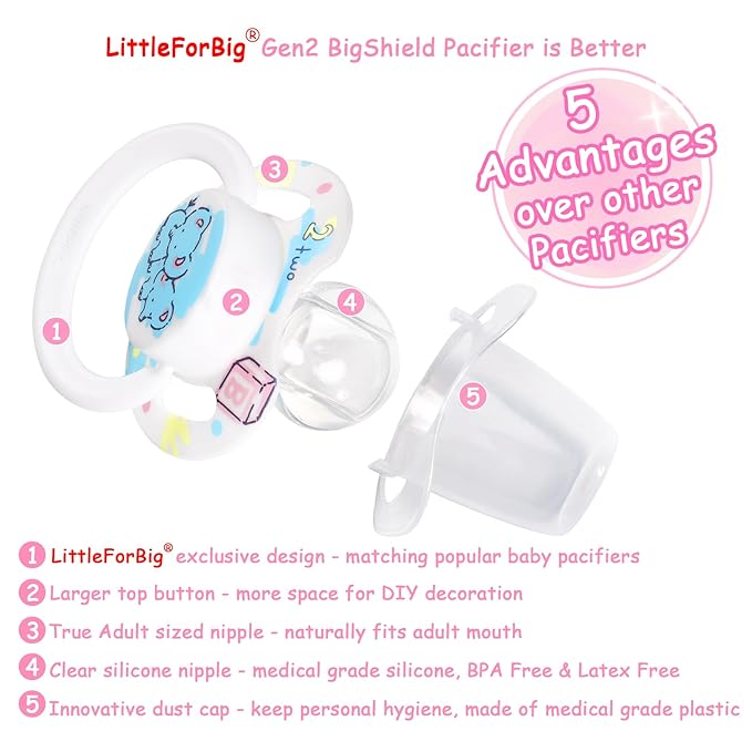 LittleForBig Bigshield Generation-II Adult Sized Pacifier White Vintage Elephant Pattern
