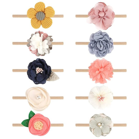 BQUBO Baby Girl Headbands with Bows Nylon Hairbands Handmade Hair Accessories for Newborn Infant Toddlers 10 Pack