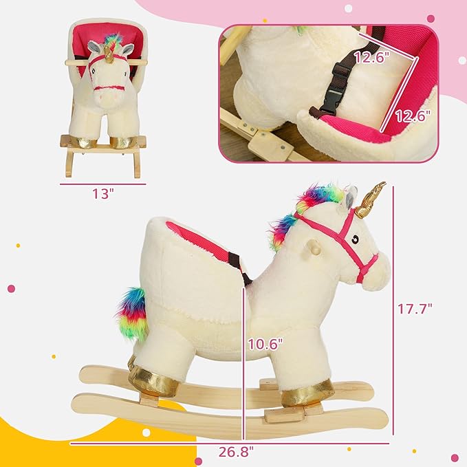 Qaba Kids Rocking Horse, Ride on Unicorn with Realistic Sounds, Safety Belt & Wooden Base, Plush Animal Rocker for Toddlers 18-36 Months, Cream White