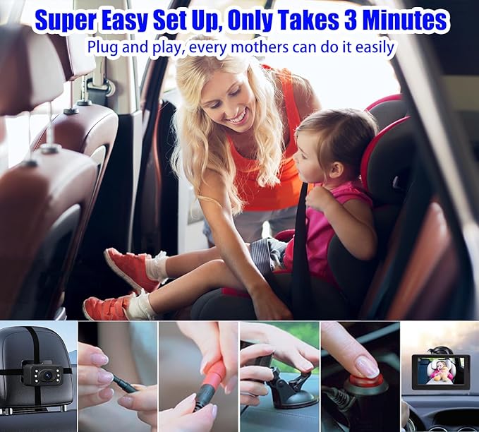B-Qtech Baby Car Camera Monitor Night Vision HD 1080P Easy to Install 360° Rotating Car Baby Cameras for Back Seat Rear Facing View Infant Gift for Newborns