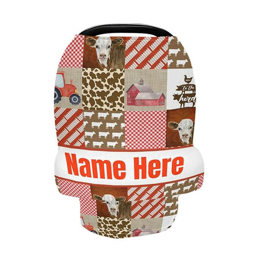 Personalized Red Tractors Baby Car Seat Cover for Babies with Name, Custom Farm Cow Baby Car Seats Canopy for Boys Girls, Nursing Breastfeeding Stroller Covers Infant Car Seat Blanket for Newborn