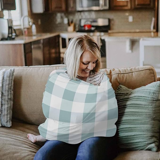 Aqua Blue White Plaid Car Seat Covers for Babies, Modern Geometric Checkered Lattice Nursing Breastfeeding Covers Stretchy Breathable Baby Carseat Canopy Cover for Girls and Boys Shower Gifts