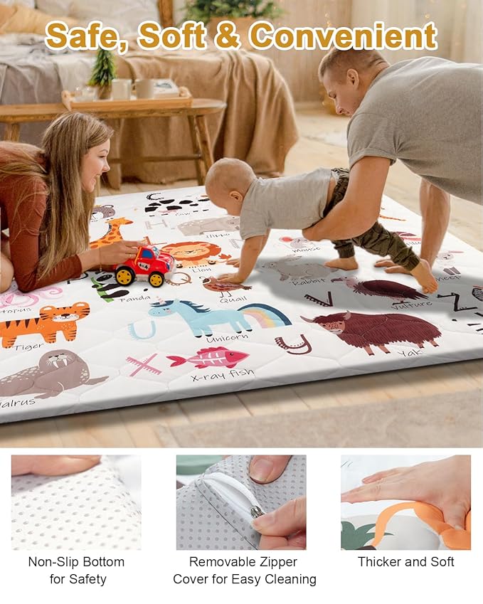 TINYHARBO Premium Foam Baby Play Mat 74" x 50" – Removable & Machine Washable Cover, Extra Thick Padding Playpen Mat, Non-Slip Crawling Mat, Easy to Clean for Infants, Toddlers & Babies