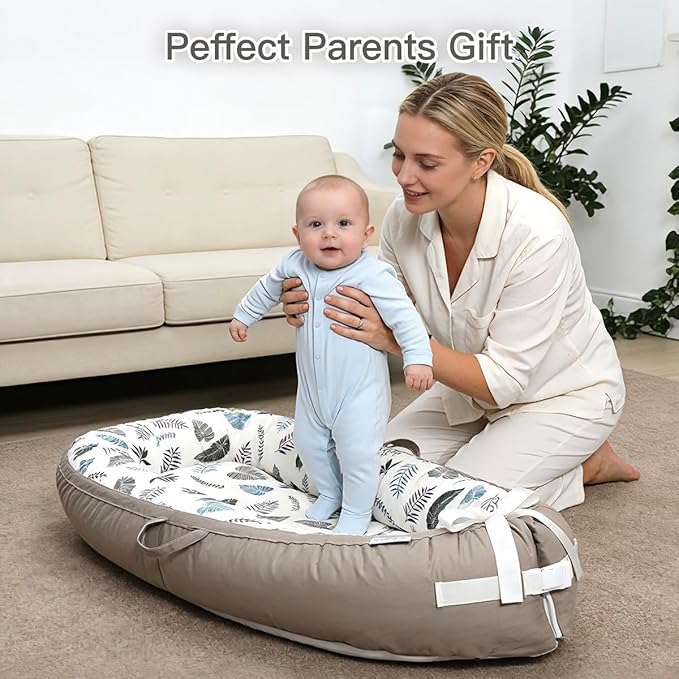 Infant Support Cushion | Baby Support Cushion for Newborn | Reversible, Adjustable & Portable Tummy Time Mat for Home and Travel | Soft, Breathable, Washable Cover | Grey Leaves