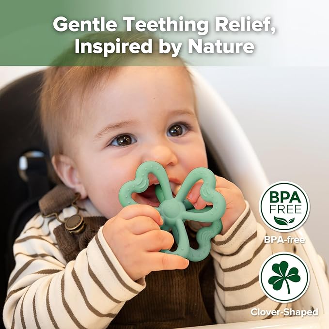 Haakaa Silicone Clover Teether - Food Grade Silicone Teething Toys for Babies 3-6 Months 6-12 Months, Soft & Easy Hold Chew Toy for Infant, BPA Free (Pea Green)