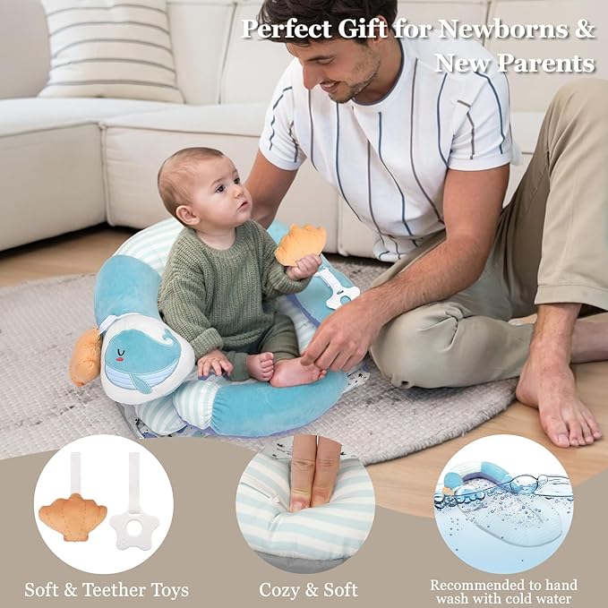 Foryoomi 4 in 1 Tummy Time Mat with Educational Cards, Play Mat & Sitting Support for Newborn 0-12 Months, Infant Baby Sit Me Up Floor Seat, Sensory Skills Gifts, Blue Whale