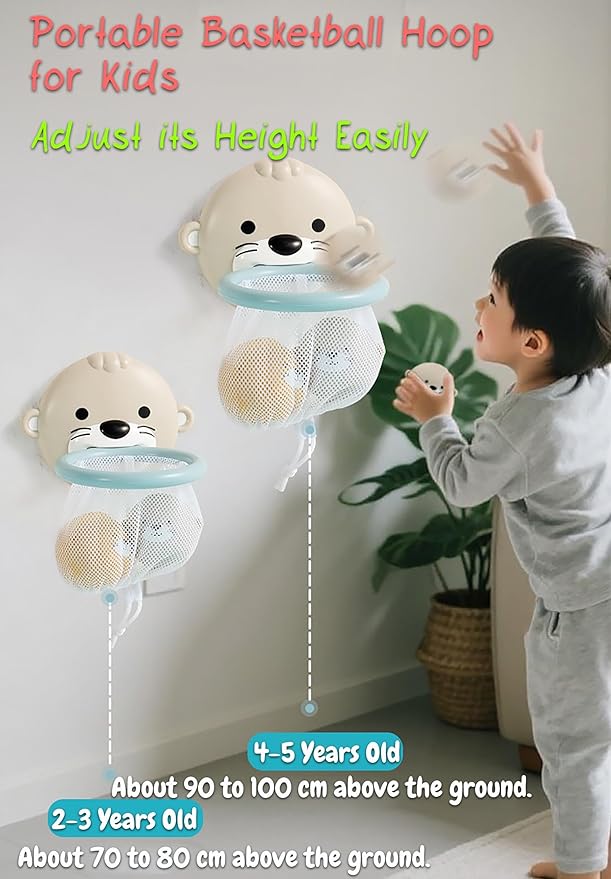 Otter Bath Toy, Otter Family Tub Toy Bathtub Floating Toy for Kids - Soft Vinyl and ABS Plastic Material - No Hole One-Piece Design (Otter Baketball Hoop + 2 Otter Balls)