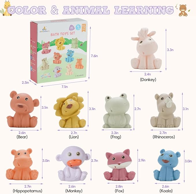 Baby Bath Toys, 9 Pack | Sealed, No Hole & Mold Free Bath Toys for Babies 6-12 Months | Soft, Squeezable & Float on Water | Safe, Easy-Grip Toddler Bath Toy Set | Baby Water Pool Toys-Wild Animal
