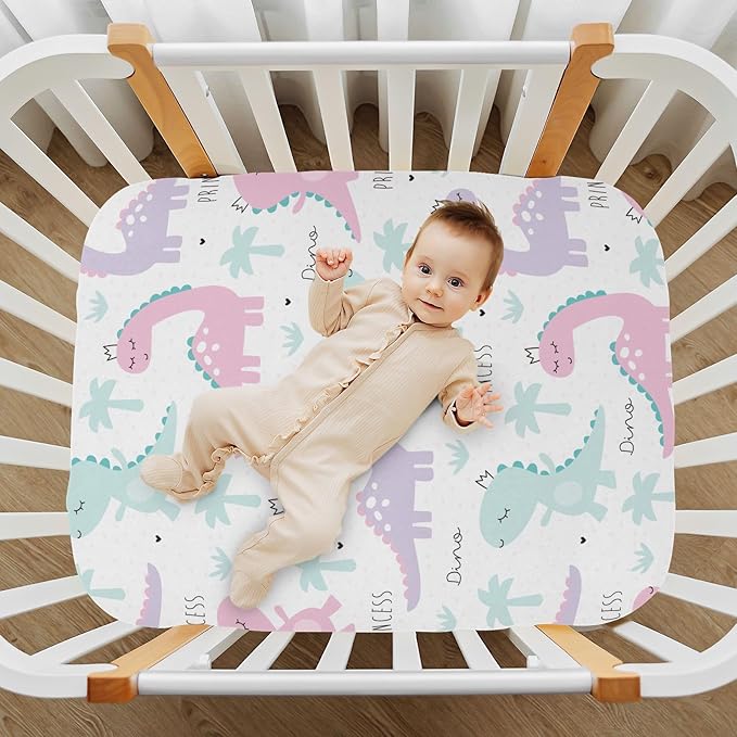 Fitted Crib Sheets Dinosaur Princess Pink Green Stretchy Portable Playard Sheets for Baby Toddler, Breathable Soft Mini Crib Mattress 39 x 27 in for Boys and Girls