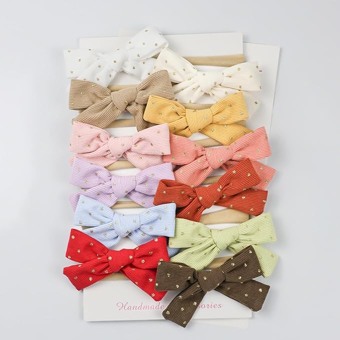 Baby Girl Hair Bow Nylon Headband with Dots, Corduroy Tiny Bow Hair Bands 12pcs for Newborn Infant Toddlers(corduroy B 12PCS)