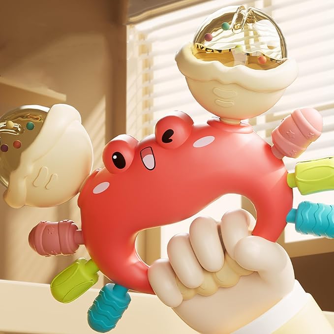 Baby Crab Rattle Toy- ABS Safe Toy for 0-6 Months Baby,Handheld Crab Shaped Toy for 6-12 Months, Early Education Grip & Smart Gift for Newborn Boys and Girls (Red)