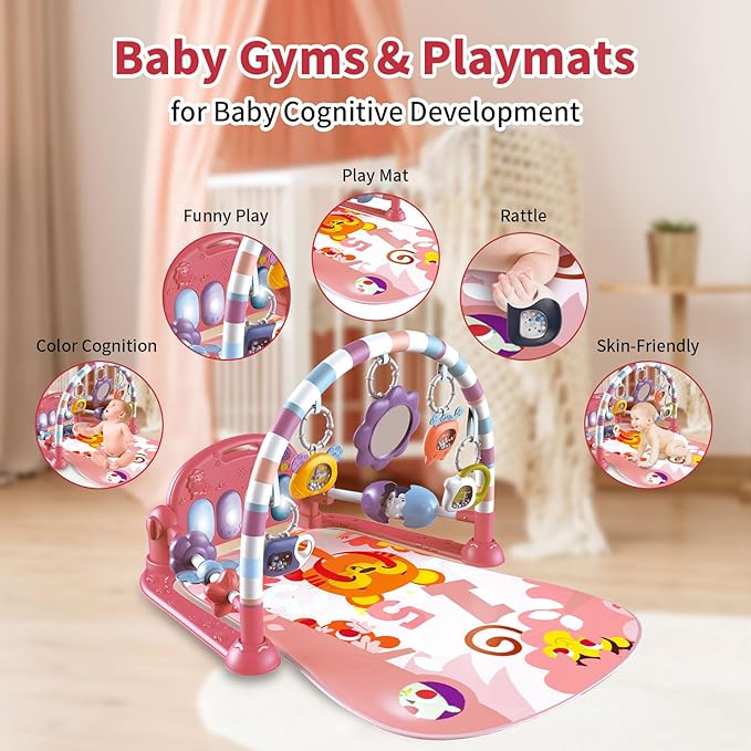 Baby Gym Play Mat, Piano Kick and Play Lights and Music Tummy Time Toys Infant Musical Activity Gym Mat for Visual, Hearing, Sensory, Gift Suitable for Newborns Aged 0 to 3 6 9 12 Months (Pink)