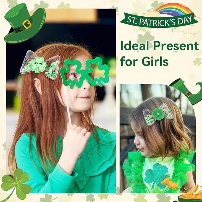 CN 6PCS St Patricks Day Hair Bows for Girls, 3.5 Inch Green Lucky Shamrock Alligator Hair Clips, Clover Hair Accessories for Girls Toddler Kids Teens Children