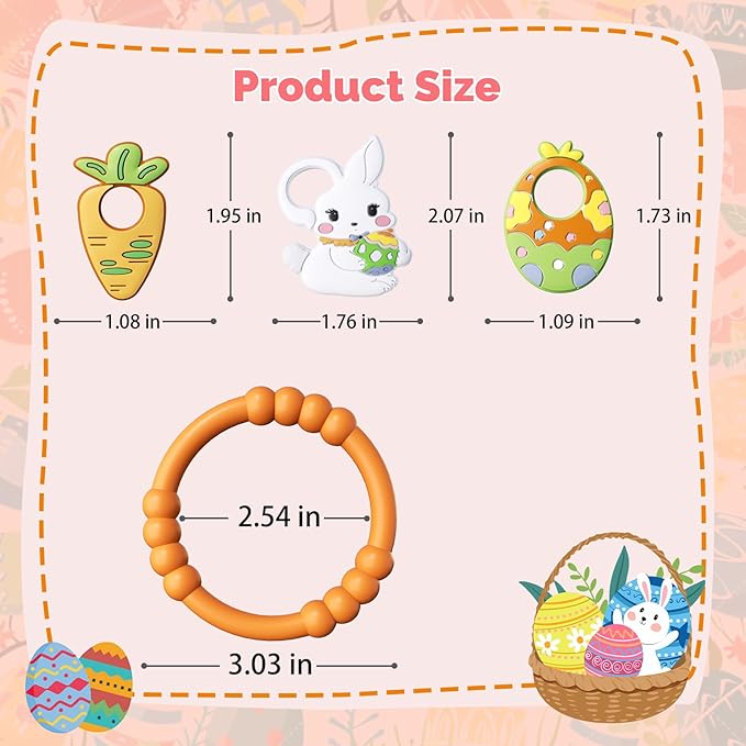 Easter Baby Teething Ring Toys for Baby, Silicone Teether with Textured Carrot, Bunny and Egg, BPA-Free, Safe and Soft for Chewing, Teething Toys for Easter Basket Stuffers&Easter Gifts, 0-12 Month
