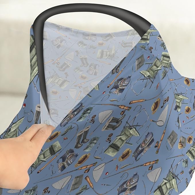 Retro Fishing Gear Car Seat Cover for Babies Trout Fishing Stretchy 5-in-1 Cover Adjustable Infant Carseat Cover Canopy Outdoor Fishing Lovers Gift Breathable Nursing Cover-Up
