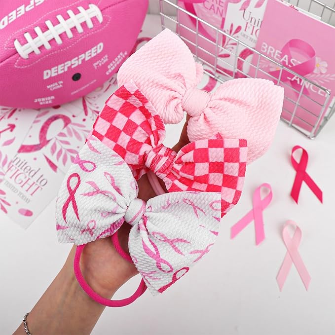 YanJie 3PCS 4.5’’ Breast Cancer Awareness Bows for Baby Girls Pink Headbands Checkered Headband Cancer Awareness Items Hair Accessories for Newborns