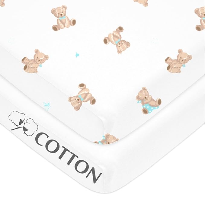 American Baby Company 2 Pack 100% Natural Cotton Fitted Pack and Play Sheets 39" x 27" - Soft & Breathable Pack N Play Sheets for Playard & Mini Crib Mattress, Bear and White, for Boys & Girls