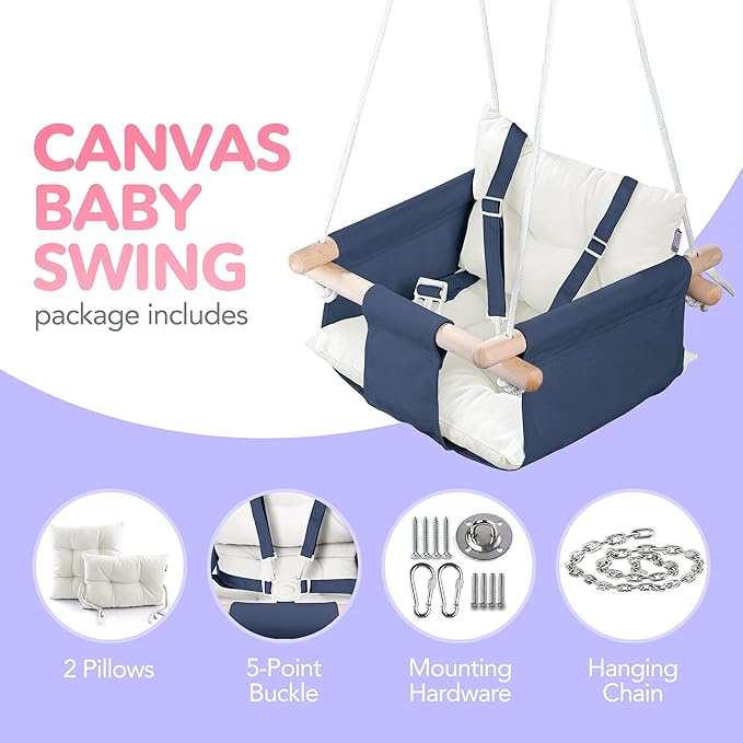 CaTeam - Canvas Baby Swing, Wooden Hanging Swing Seat Chair with Safety Belt, Durable Baby Swing Chair, Outdoor and Indoor Swing for Kids, Mounting Hardware Included, Blue
