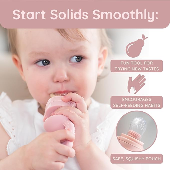 Baby Fruit Feeder & Popsicle Molds Set – Baby Food Feeder Nibbler, Breastmilk Popsicle Molds, Grip Handle, Safety Strap & Cleaning Brush – Feeding Essentials 6–12 Months (Pink)