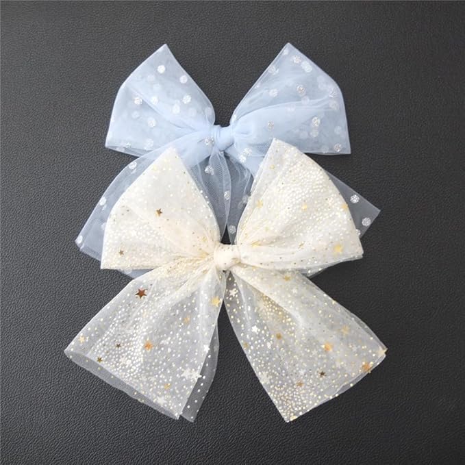 Large Tulle Bow Hair Clips for Baby Girls - Lace Hair Bows, Women's Cottagecore Barrettes - Lightweight Gauze - Moon Star & Blue Foil
