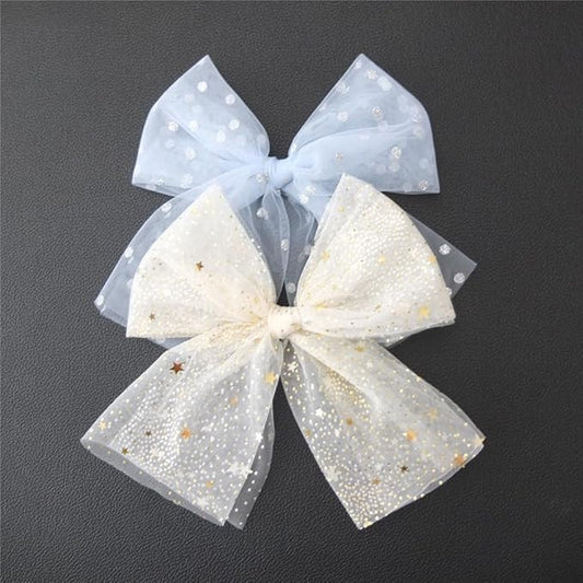 Large Tulle Bow Hair Clips for Baby Girls - Lace Hair Bows, Women's Cottagecore Barrettes - Lightweight Gauze - Moon Star & Blue Foil