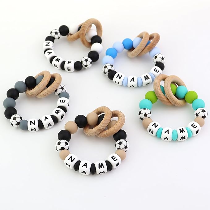 Personalized Baby Teether with Name,Custom Football Teether Rattle for Boys Girls Toddler Newborn Gift, Silicon Teeting with Natural Beech Wood Ring