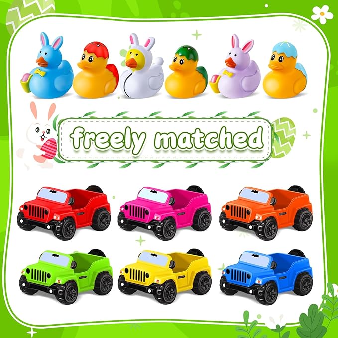24 Pcs Easter Rubber Ducks for Jeeps, Easter Basket Stuffers Easter Egg Fillers, Ducks for Ducking3.5 Inch Cars for 2 Inch Ducks, 12 Easter Ducks with 12 Off-Road Vehicle, Easter Party Favors Gifts