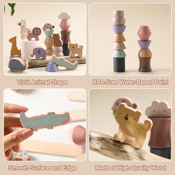 Wooden Animals Threading Toys Lacing Beads for Toddlers,Stacking Blocks Balance Game,Family Educational Preschool Learning Toy, Preschoolers Montessori Classroom Activities,Ideal Gift for Kids