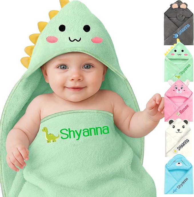 Personalized Baby Towels Hooded with Name, Custom Toddler Coral Velvet Fleece Bath Towel with Hood for Girl Boy, Customized Newborn Gifts - Printed (Green Dinosaur)