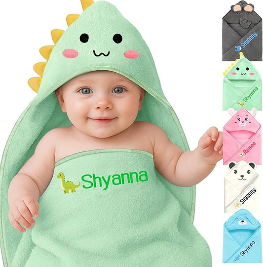 Personalized Baby Towels Hooded with Name, Custom Toddler Coral Velvet Fleece Bath Towel with Hood for Girl Boy, Customized Newborn Gifts - Printed (Green Dinosaur)