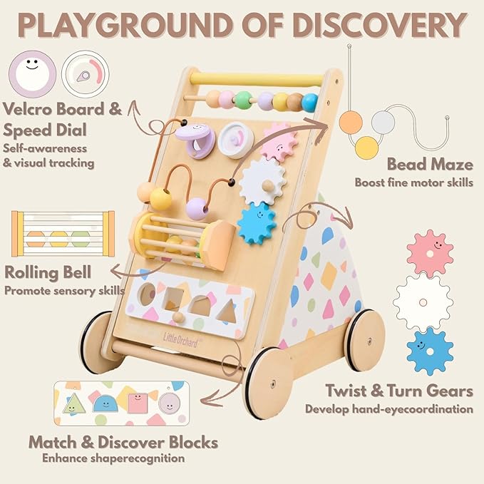 Wooden Baby Walker with Upgraded Adjustable Speed Control, Montessori Activity Push Walker with Wheels, Baby Walker Toy for Toddlers, Gift for Boys & Girls 1 Year Old